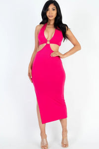 Cut-out Halter Neck Double Back Tie Split Thigh Midi Dress - Fuchsia / S