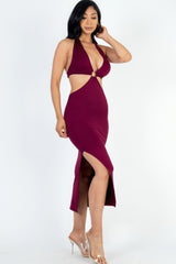 Cut-out Halter Neck Double Back Tie Split Thigh Midi Dress - Burgundy / S