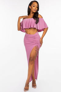 Off The Shoulder Ruffled Cropped Top And Ruched Maxi Skirt Two Piece Set