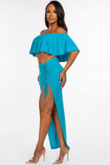 Off The Shoulder Ruffled Cropped Top And Ruched Maxi Skirt Two Piece Set