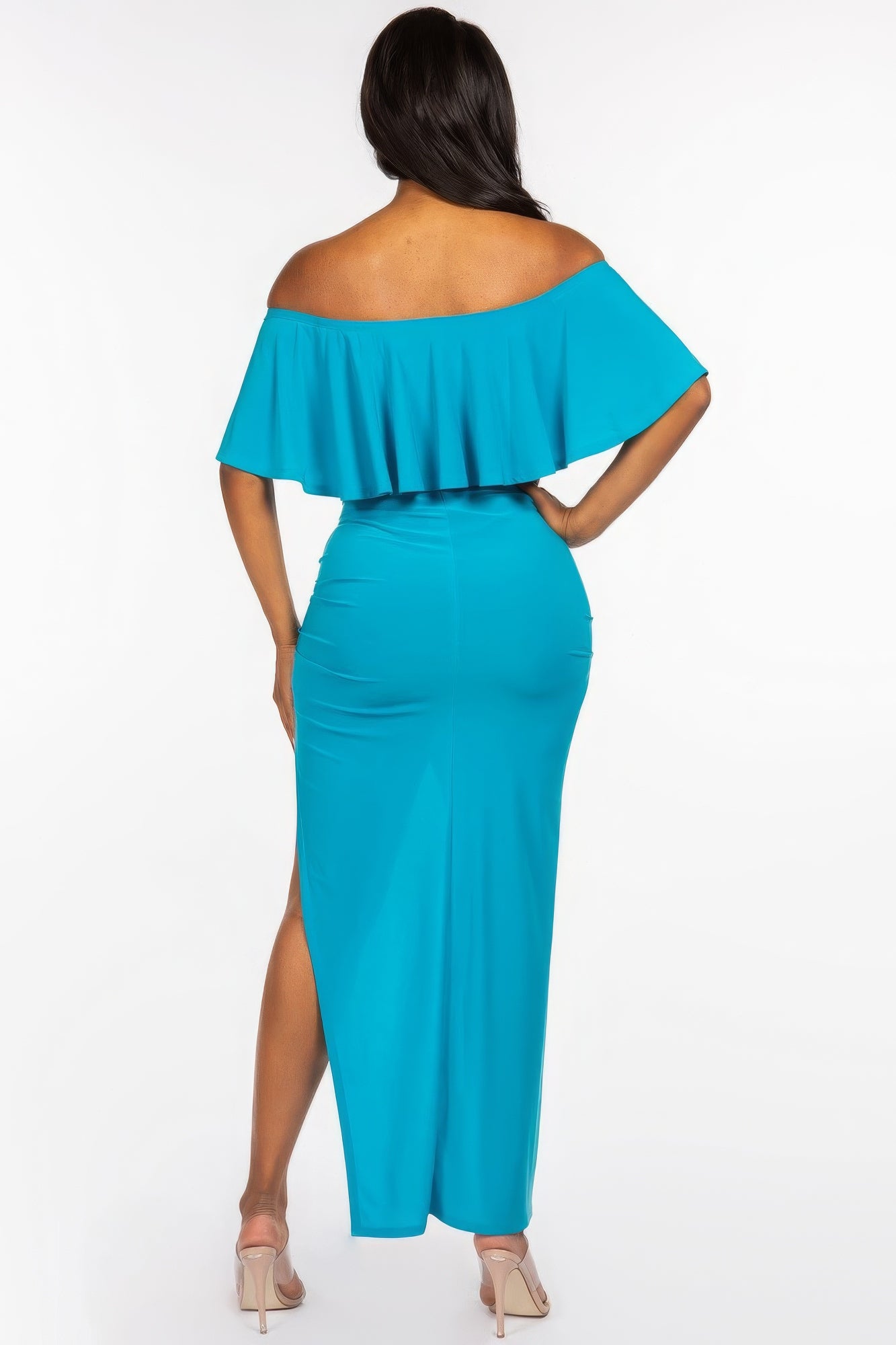 Off The Shoulder Ruffled Cropped Top And Ruched Maxi Skirt Two Piece Set