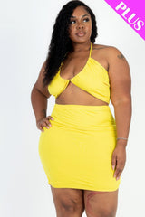 Plus Size Solid Crisscross Halter Top & Ruched Mini Skirt Set - Daffodil / 1XL