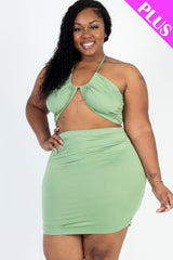 Plus Size Solid Crisscross Halter Top & Ruched Mini Skirt Set - Basil / 1XL