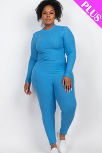 Plus Ribbed Mock Neck Long Sleeve Top & Leggings Set - Ibiza Blue / 1XL