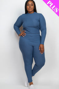 Plus Ribbed Mock Neck Long Sleeve Top & Leggings Set - Blue Haze / 1XL