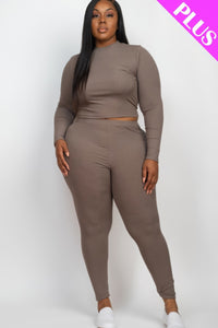 Plus Ribbed Mock Neck Long Sleeve Top & Leggings Set - Taupe / 1XL