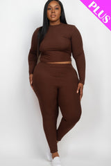 Plus Ribbed Mock Neck Long Sleeve Top & Leggings Set - Coffee / 1XL