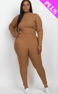 Plus Ribbed Mock Neck Long Sleeve Top & Leggings Set - Mocha / 1XL