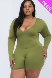 Plus V-neck Long Sleeve Bodycon Romper - Olive Branch / 1XL