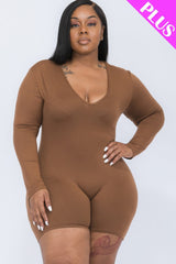 Plus V-neck Long Sleeve Bodycon Romper - Brown Sugar / 1XL