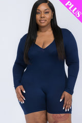 Plus V-neck Long Sleeve Bodycon Romper - Navy / 1XL