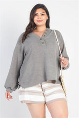 Olive Textured Button Detail Long Sleeve Top