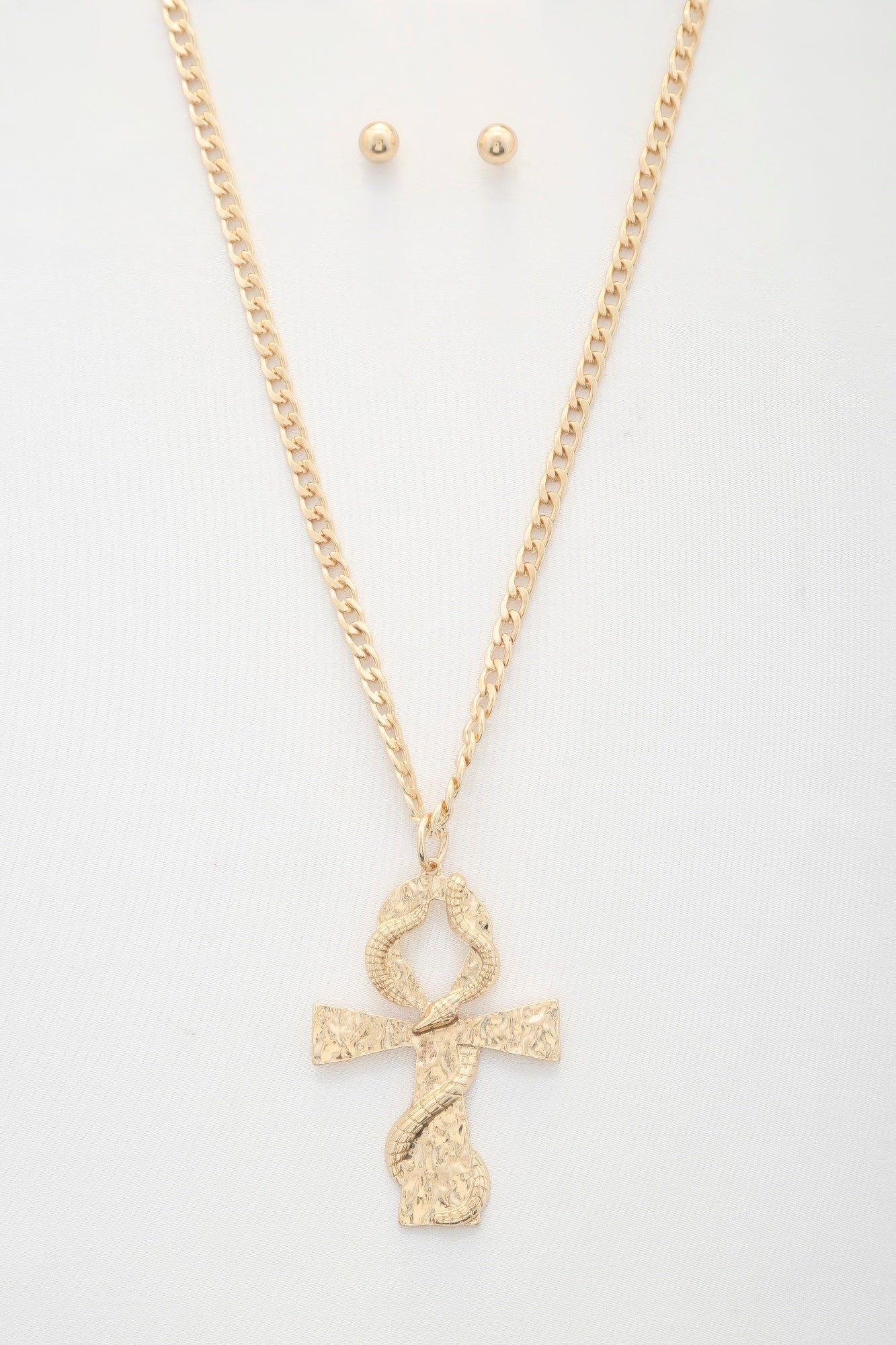 Snake Wrap Cross Pendant Curb Link Necklace - Gold