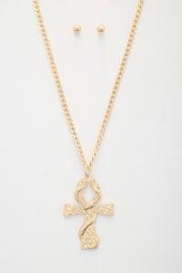 Snake Wrap Cross Pendant Curb Link Necklace - Gold