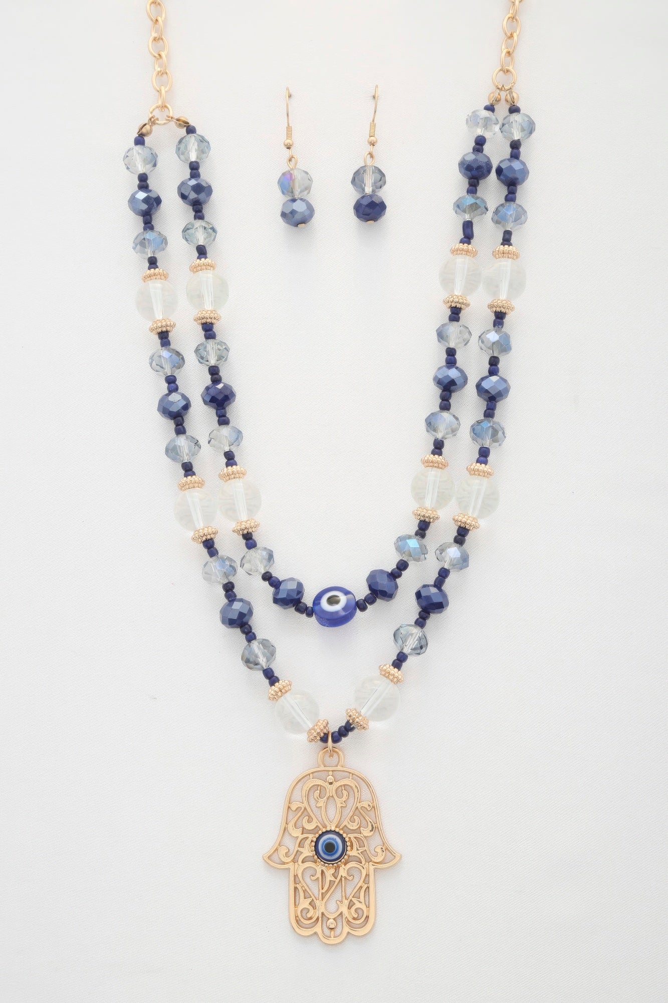 Hamsa hand pendant beaded layered necklace - Blue