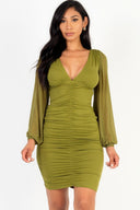 Ruched mesh long sleeve v-neck mini dress - Olive Branch / S