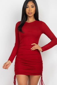 Ribbed long sleeve drawstring bodycon dress - Winery / S