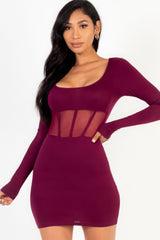 Square neck mesh corset mini dress - Burgundy / S