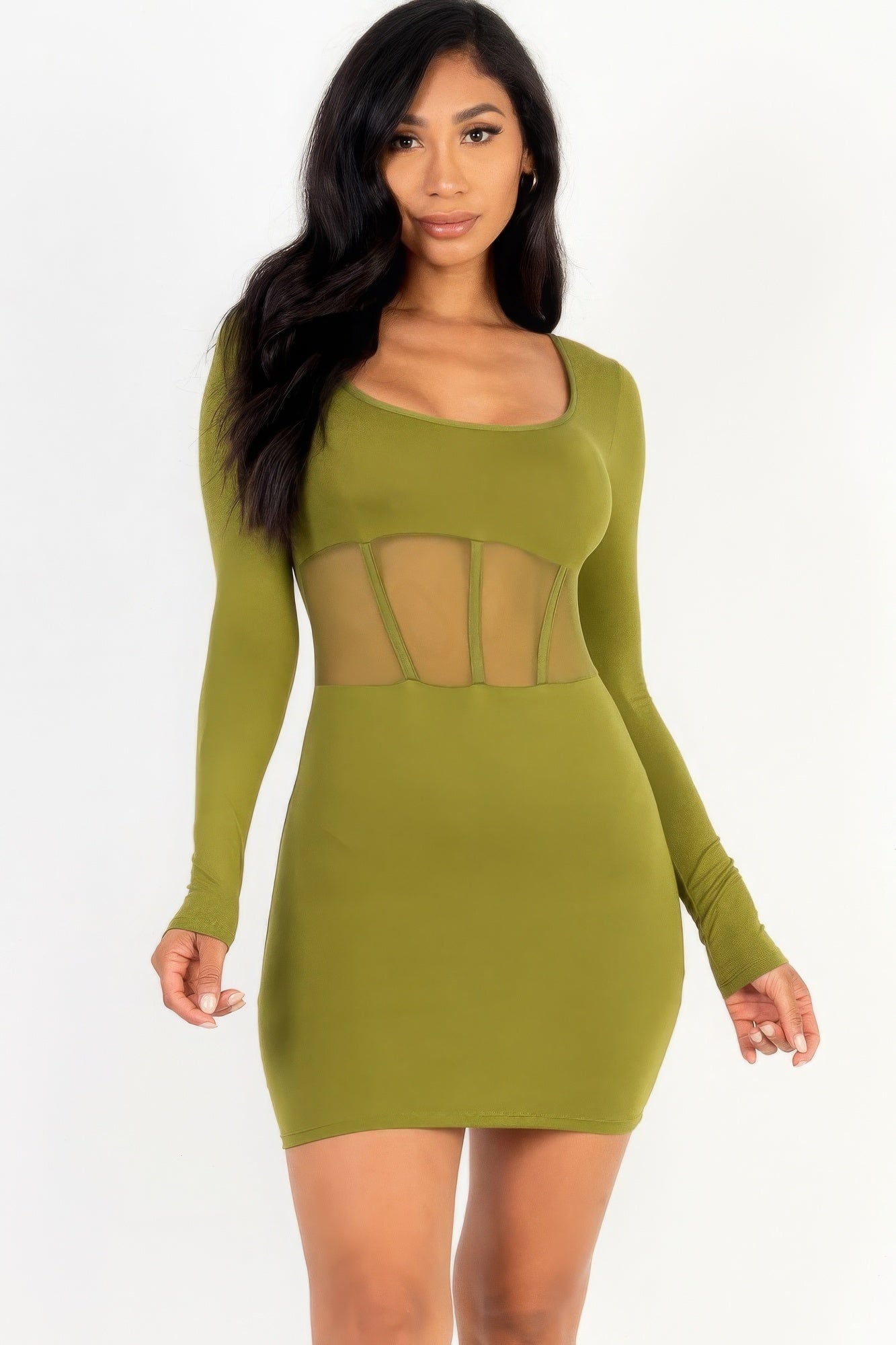 Square neck mesh corset mini dress - Olive Branch / S