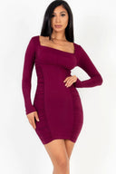 U-neck long sleeve ruched bodycon mini dress - Burgundy / S