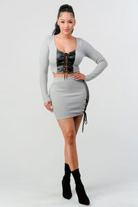 Cropped Long Sleeve Shirt With Pu Leather Detail Matching Mini Skirt