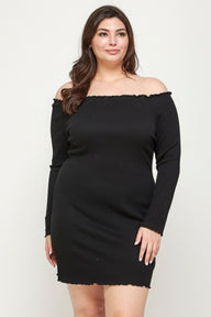 Plus Size Solid Smocked Off Shoulder Dress