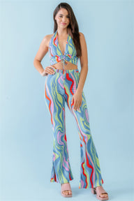 Multicolor Halter Open Back Crop Top & High Waist Pants Set