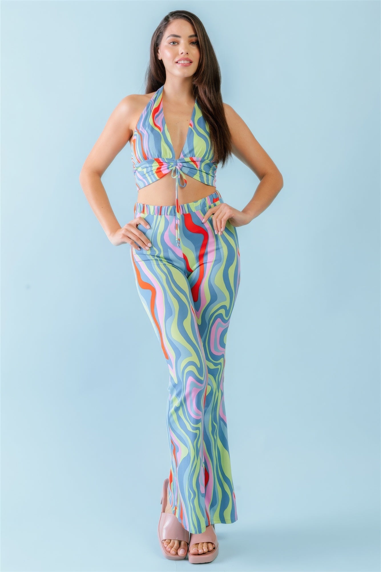 Multicolor Halter Open Back Crop Top & High Waist Pants Set