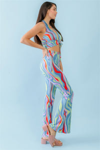 Multicolor Halter Open Back Crop Top & High Waist Pants Set