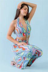 Multicolor Halter Open Back Crop Top & High Waist Pants Set