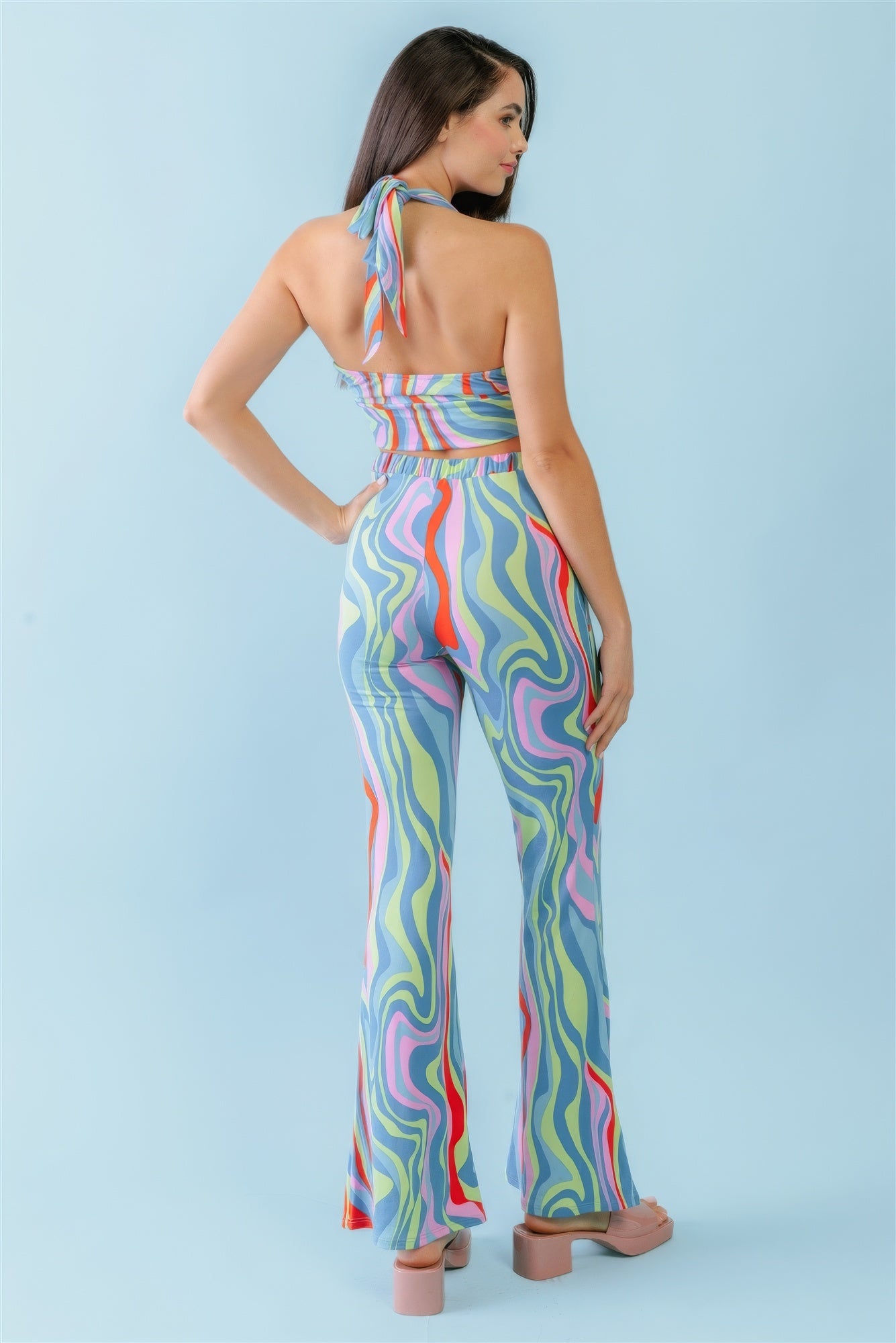 Multicolor Halter Open Back Crop Top & High Waist Pants Set