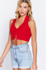 Halter Ruched Crop Sweater Knit Top