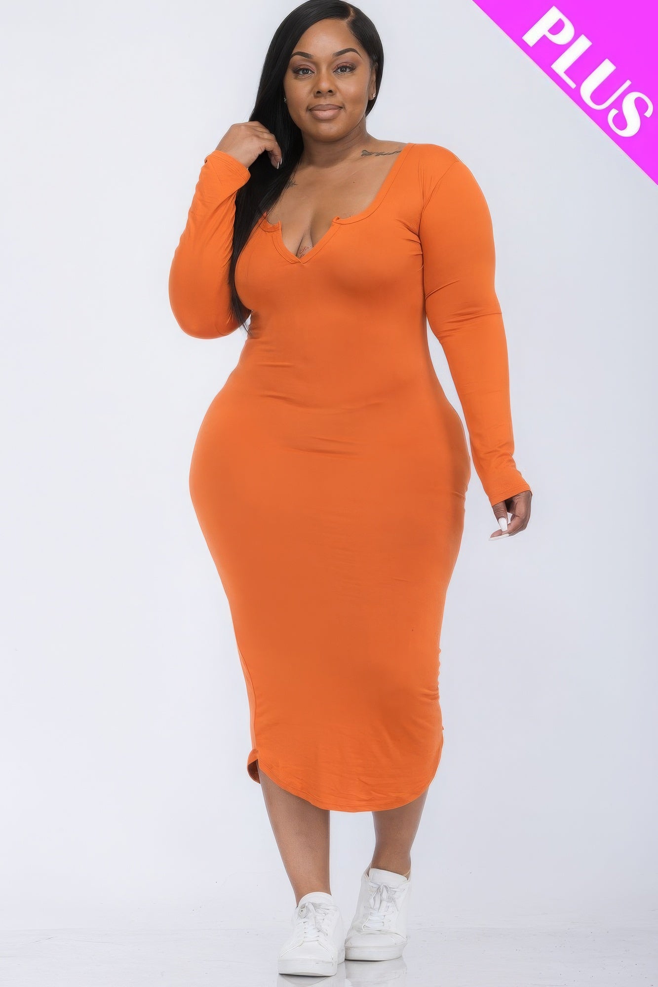 Plus Size Split Neck Long Sleeve Midi Dress - Mango / 1XL