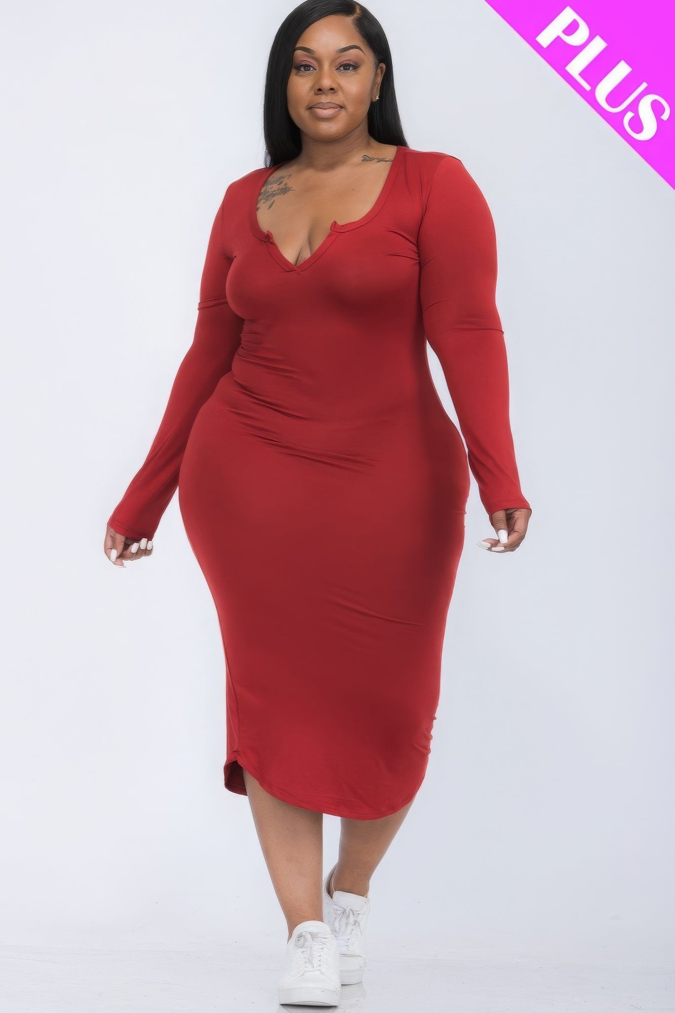 Plus Size Split Neck Long Sleeve Midi Dress - Winery / 1XL