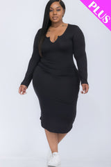 Plus Size Split Neck Long Sleeve Midi Dress - Black / 1XL