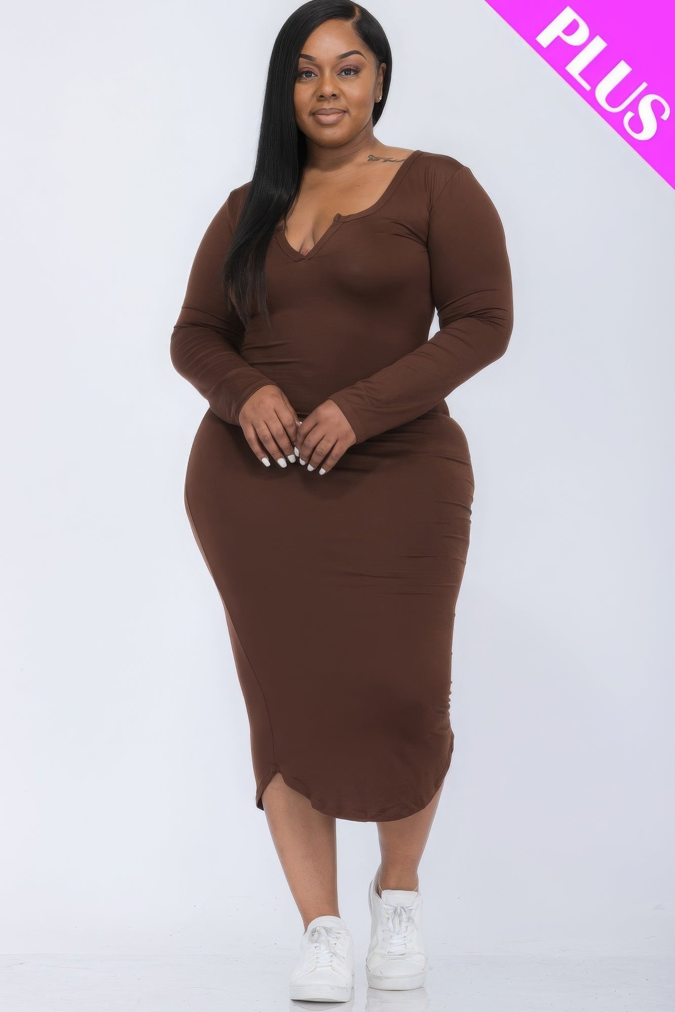 Plus Size Split Neck Long Sleeve Midi Dress - Coffee / 1XL