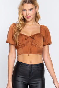 Short Sleeve Shirring Satin Crop Top