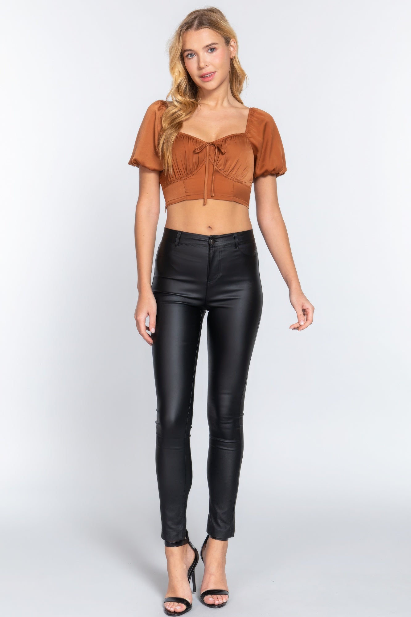 Short Sleeve Shirring Satin Crop Top