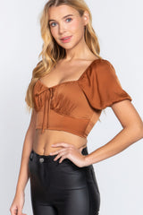 Short Sleeve Shirring Satin Crop Top