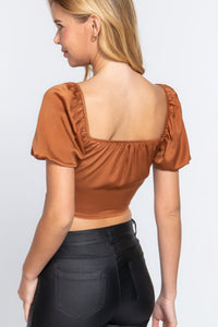 Short Sleeve Shirring Satin Crop Top