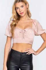 Short Sleeve Shirring Satin Crop Top