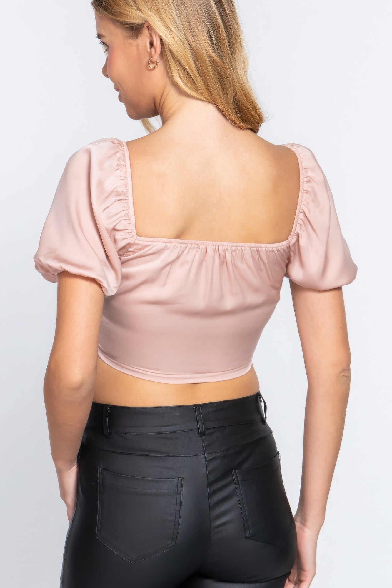 Short Sleeve Shirring Satin Crop Top