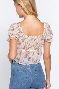 Short Sleeve Front Tie Print Woven Top