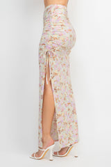 Front Knot Floral Top & Ruched Maxi Skirts Set