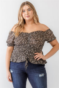 Floral Chiffon Ruched Smocked Off-the-shoulder Top - Black / 1XL