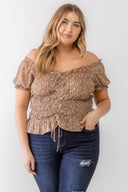 Floral Chiffon Ruched Smocked Off-the-shoulder Top - Mocha / 1XL