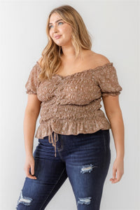 Floral Chiffon Ruched Smocked Off-the-shoulder Top