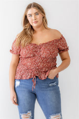 Floral Chiffon Ruched Smocked Off-the-shoulder Top - Red / 1XL