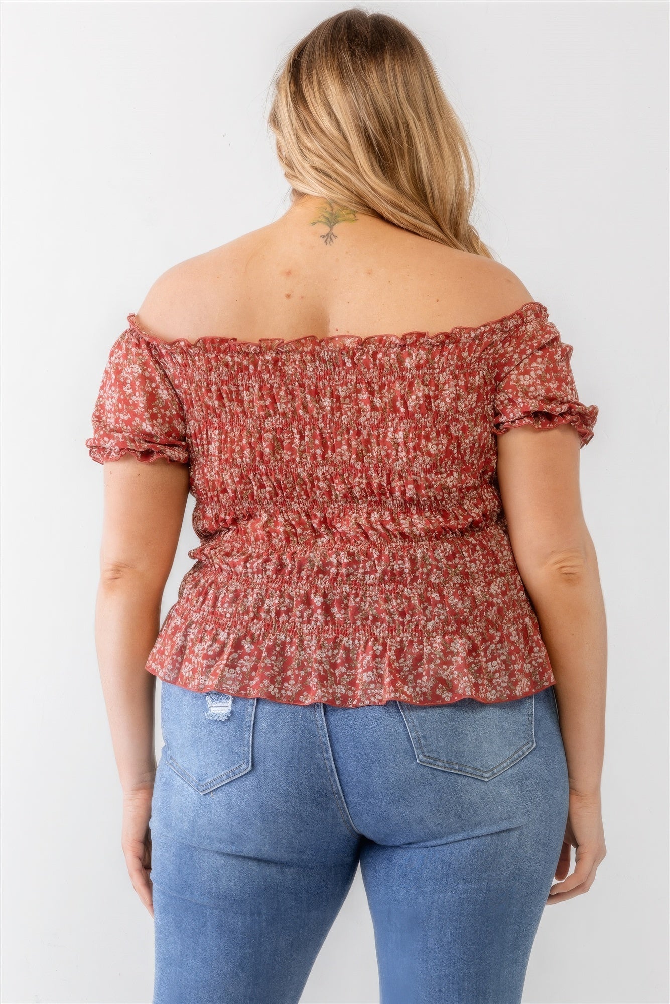 Floral Chiffon Ruched Smocked Off-the-shoulder Top