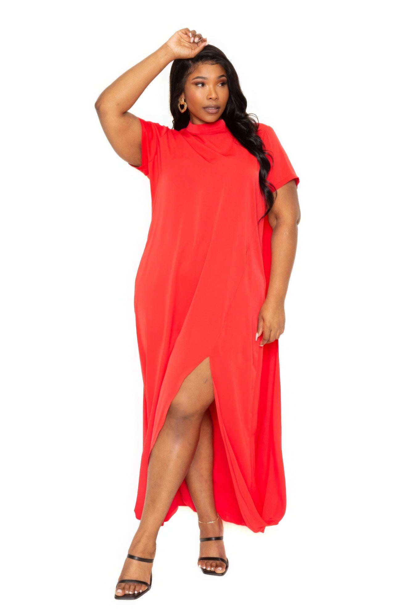 Mock neck back cape dress - Orange Red / 1XL